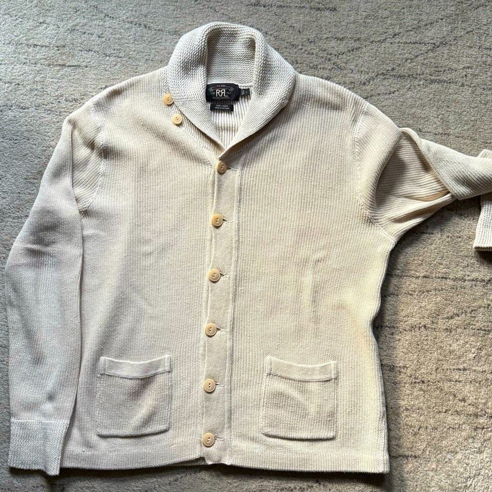 RRL Ralph Lauren Double RL Beige Men's shawl collar Linen Cardigan size -L - Picture 3 of 7